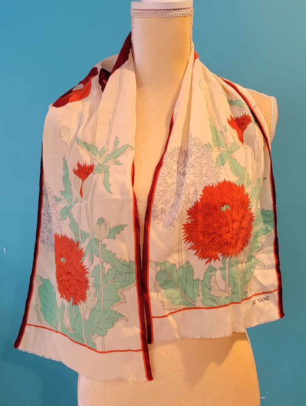 Vintage Jay Yang SILK Poppy & Chrysanthemum SCARF Floral